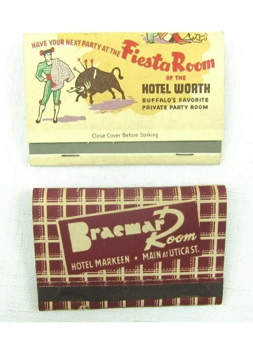 2 Vintage Matchbooks FULL Hotel Worth Fiesta Room, Hotel Markeen Braemar Room NY